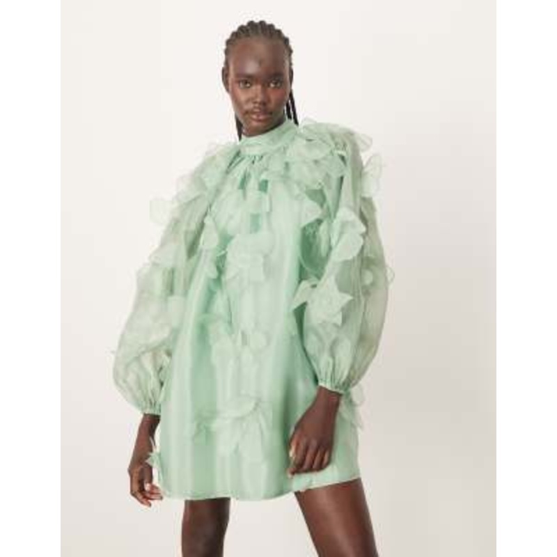 ARRANGE organza applique floral high neck trapeze mini dress in light green