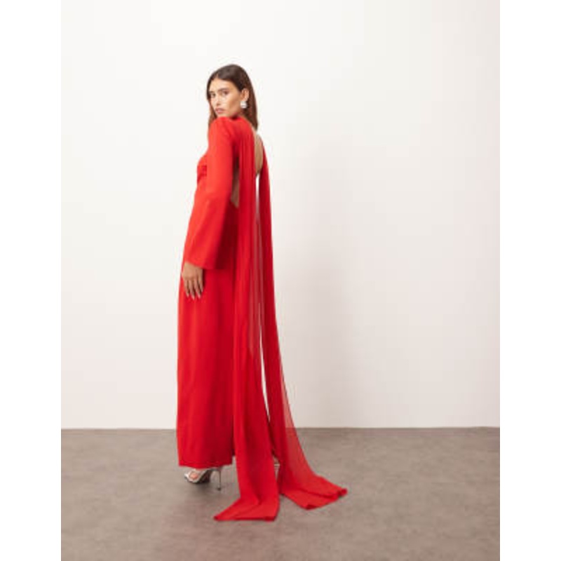 ARRANGE structured crepe long sleeve maxi dress with chiffon overlay in red