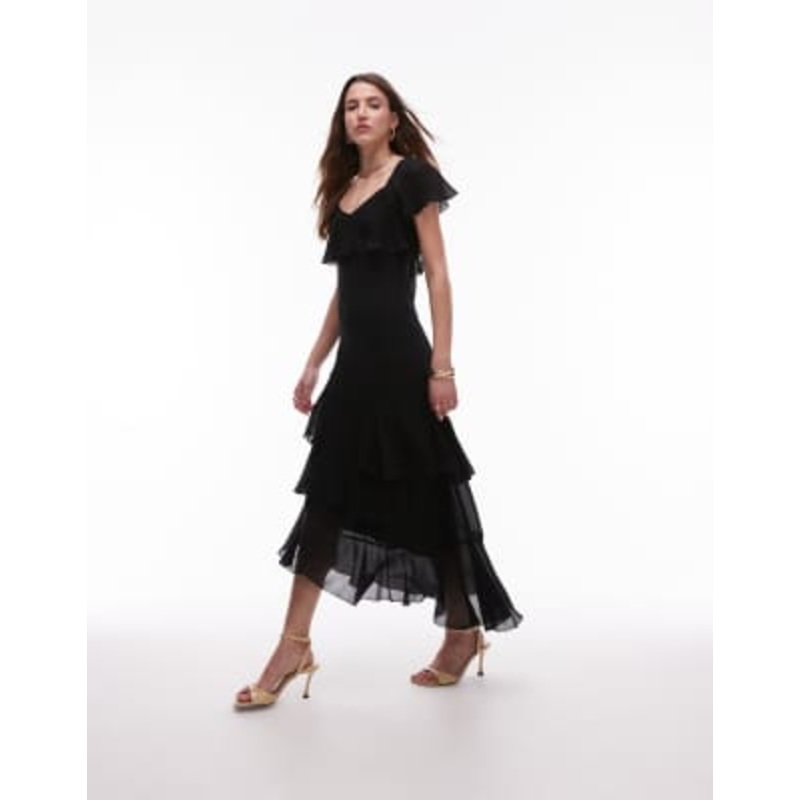 & Other Stories asymmetric midaxi dress with tiered ruffles in black