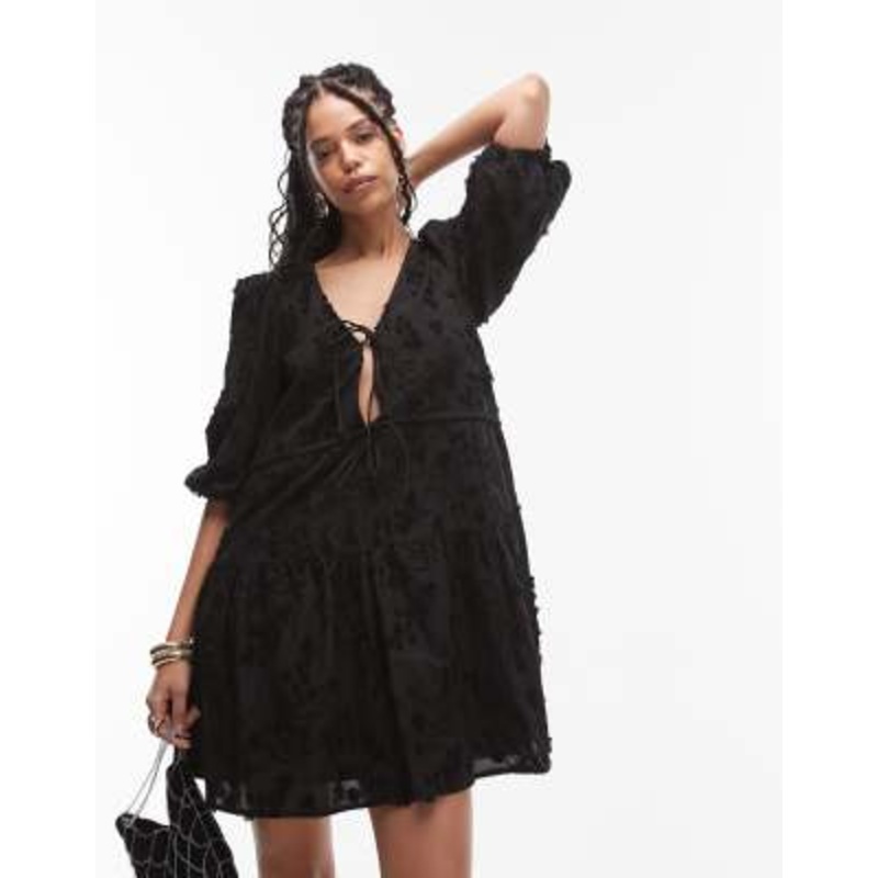 & Other Stories embroidered mini dress with front tie detail and tiered hem in black