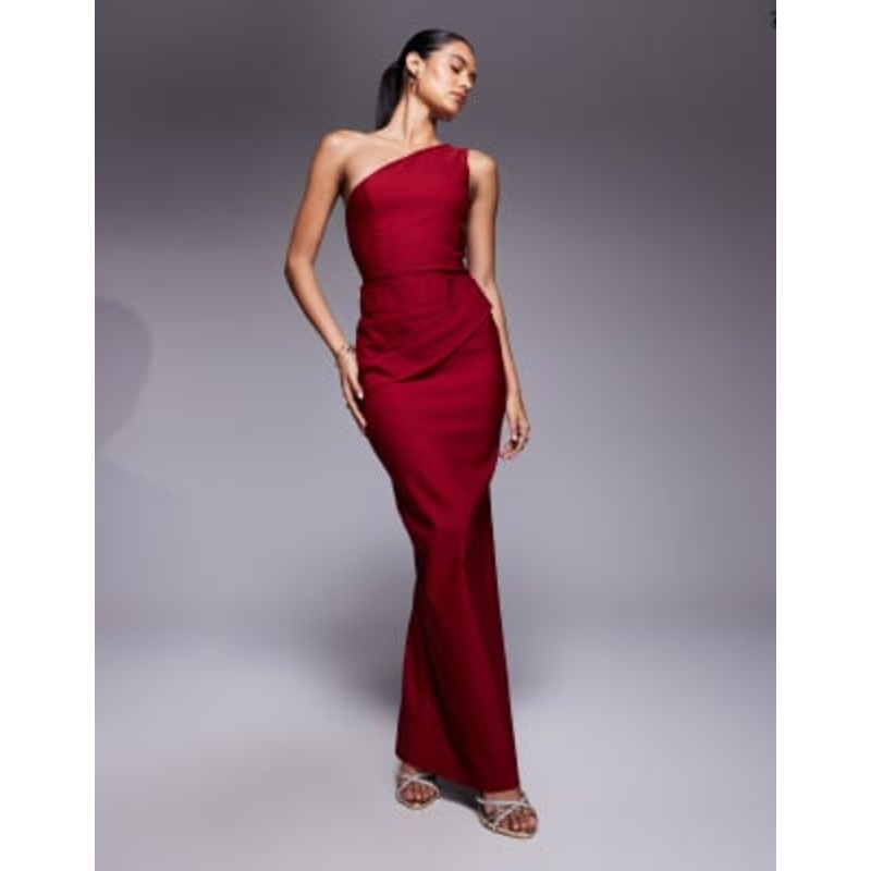 Vesper bengaline one-shoulder ruched drape waist detail maxi dress in wine
