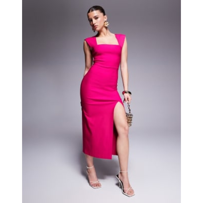 Vesper bengaline square neck thigh slit midi dress in cerise
