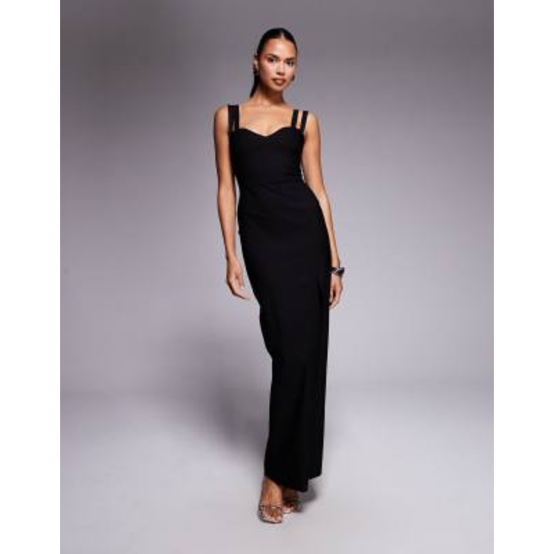 Vesper bengaline strappy sweetheart neck maxi dress in black