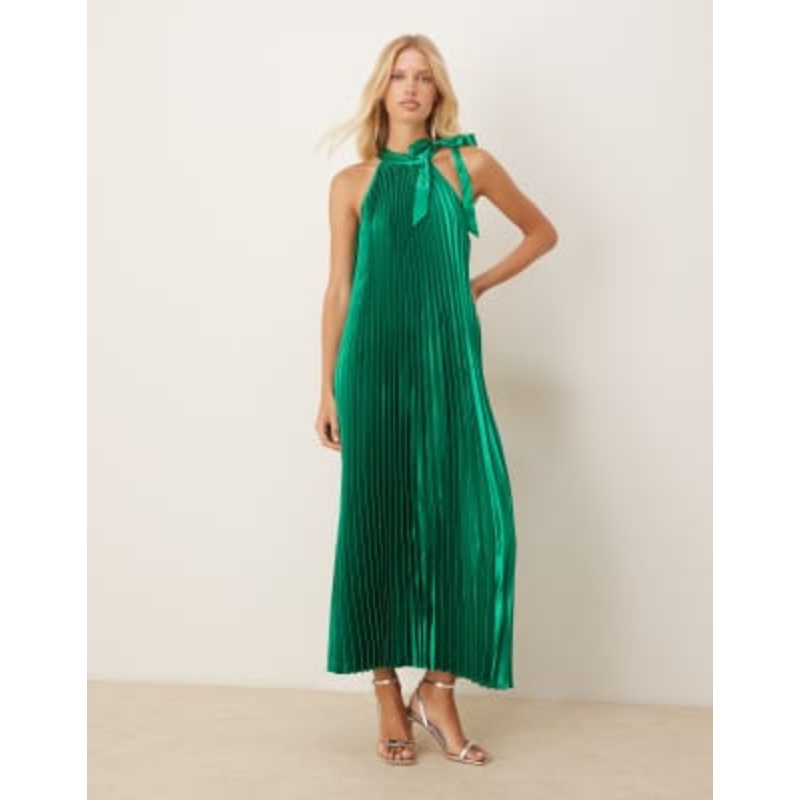Vila halter neck vertical pleats midaxi dress in emerald green