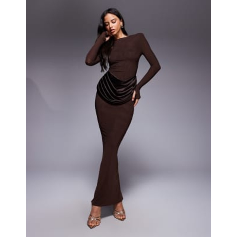 Wanderdoll Eman long sleeve slash neck satin drape waist detail bodycon maxi dress in chocolate