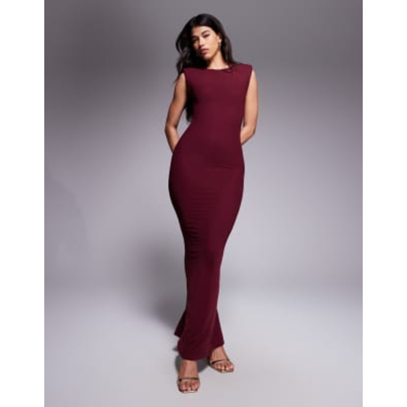 Wanderdoll Naomi sculpting sleeveless shoulder pad detail bodycon maxi dress in wine