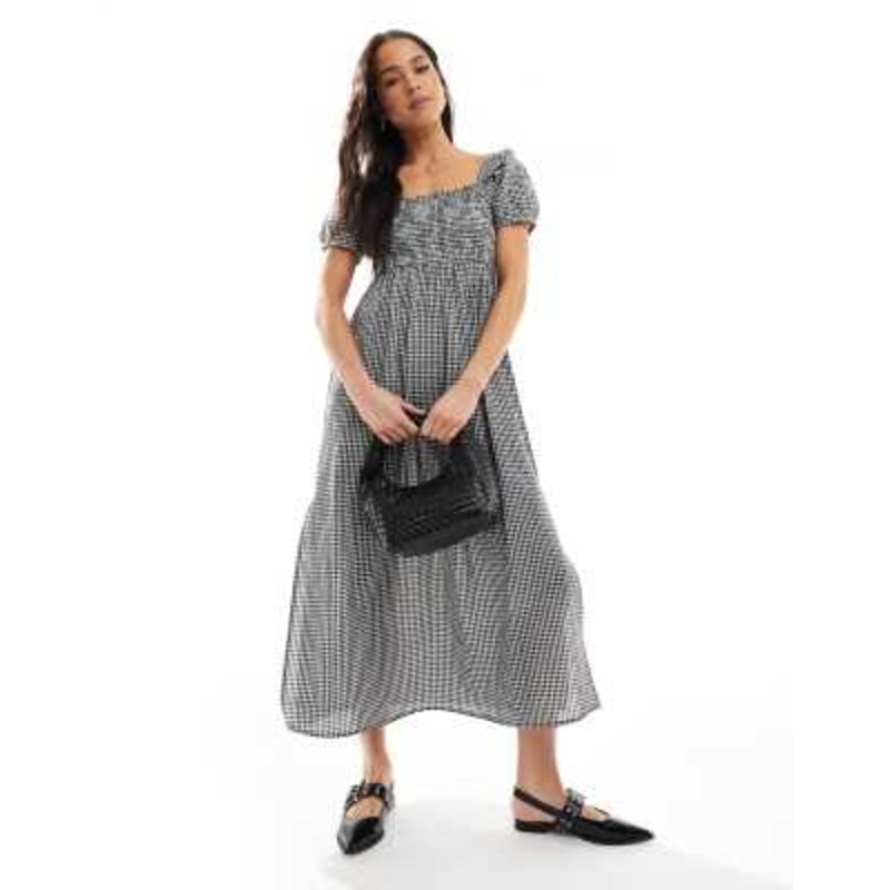 Wednesday’s Girl puff sleeve gingham midaxi dress in black