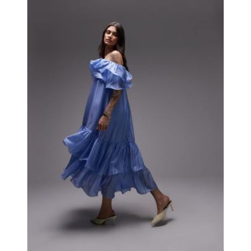 & Other Stories midaxi dress with off the shoulder and double ruffle detail in blue