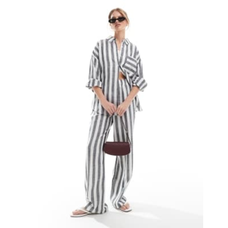 4th & Reckless beach oversized stripe beach shirt and wide leg set in gray and white
