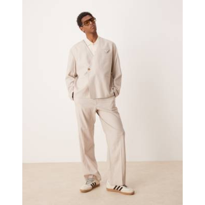DESIGN collarless linen blend boxy suit set in stone