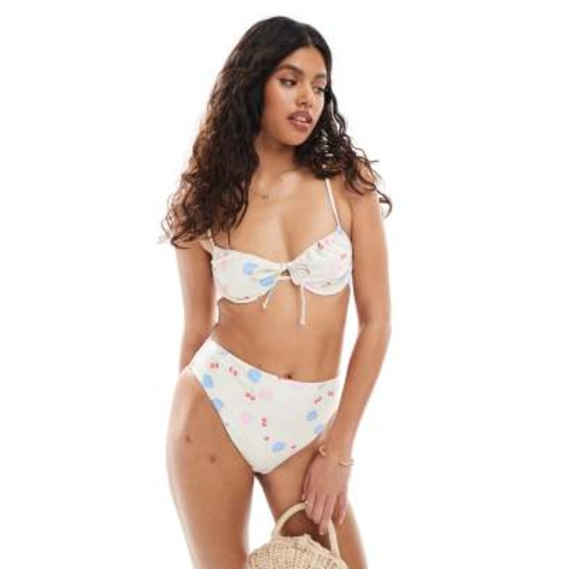 Pieces underwire tie front detail bikini top and high waist bikini bottoms set in seashell print