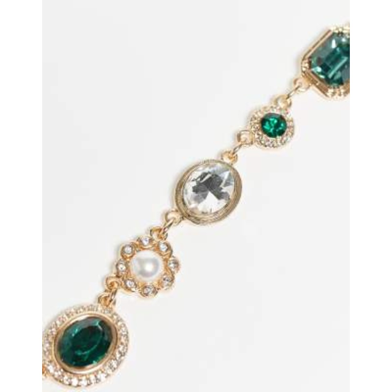 Reclaimed Vintage unisex green rhinestone necklace and bracelet set in gold