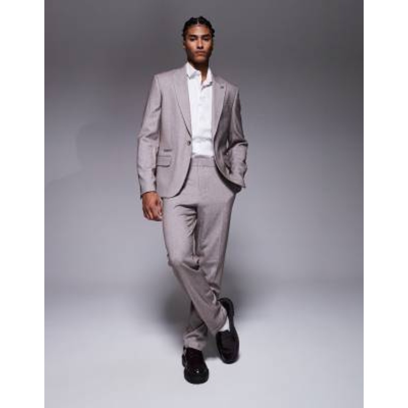 River Island slim satin textured suit set in medium stone