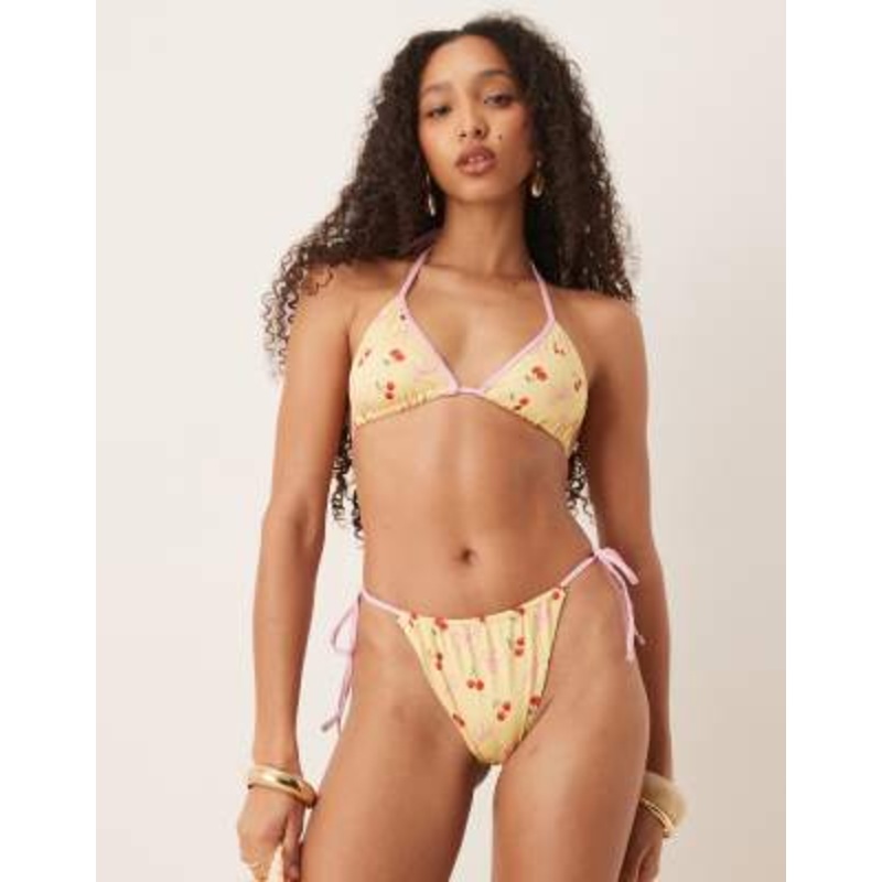 DESIGN Brielle bow and cherry print bikini in yellow