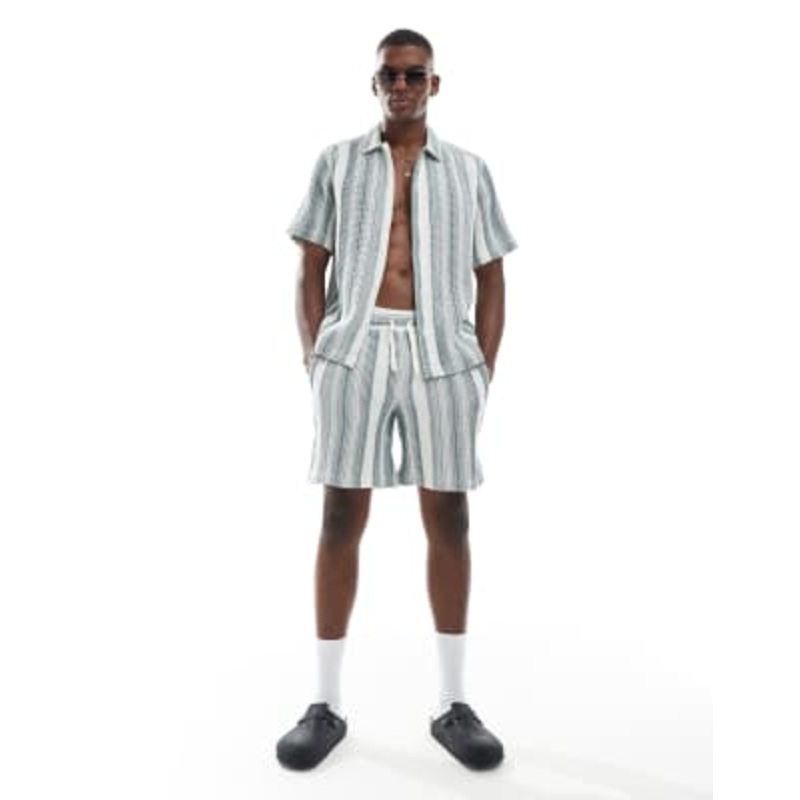 ONLY & SONS waffle set in white & green stripes