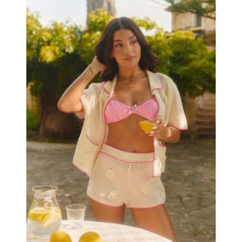 The Frolic x Lydia Kara Exclusive floral crochet contrast set in cream and pink