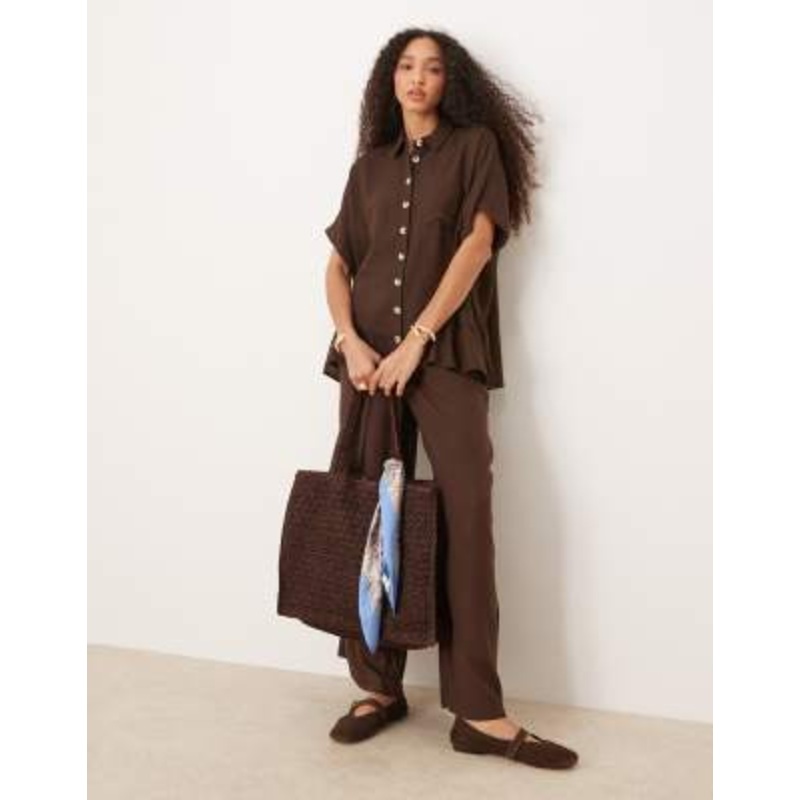 River Island tie sleeve detail linen look shirt in brown