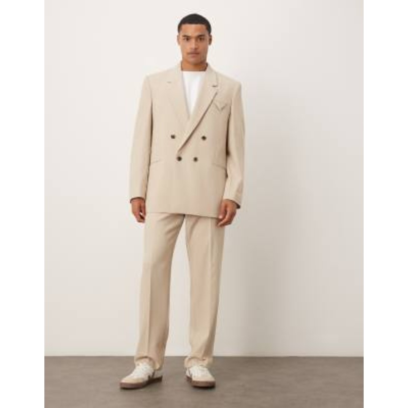 DESIGN collarless boxy suit in stone linen