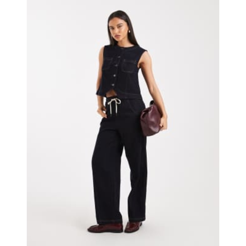 Object premium denim sleeveless button front top and barrel leg jeans set in indigo rinse