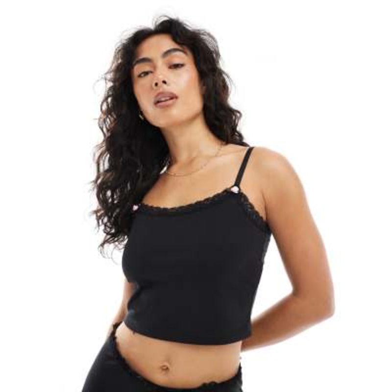 The Frolic exclusive scallop lace jersey cami lounge top and slim flare pajama bottoms set in black