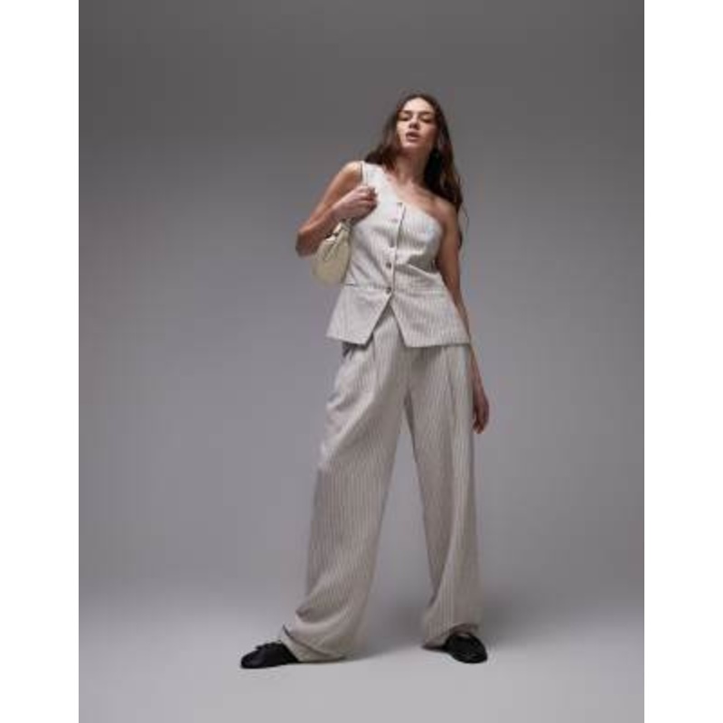 Topshop linen 3-piece set in cream pinstripe