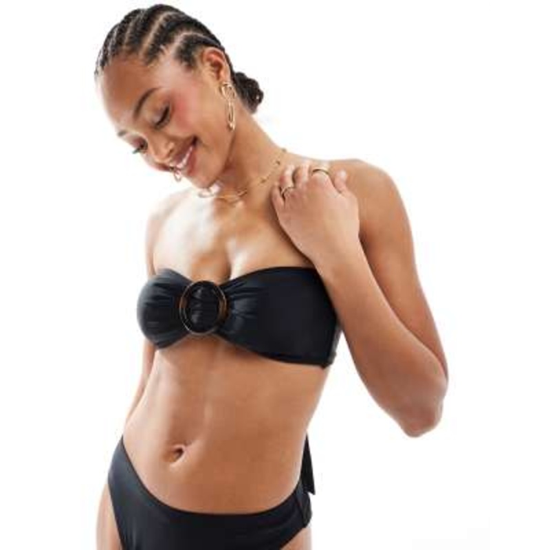 4th & Reckless bandeau tortoise shell buckle bikini top and bottoms set in black