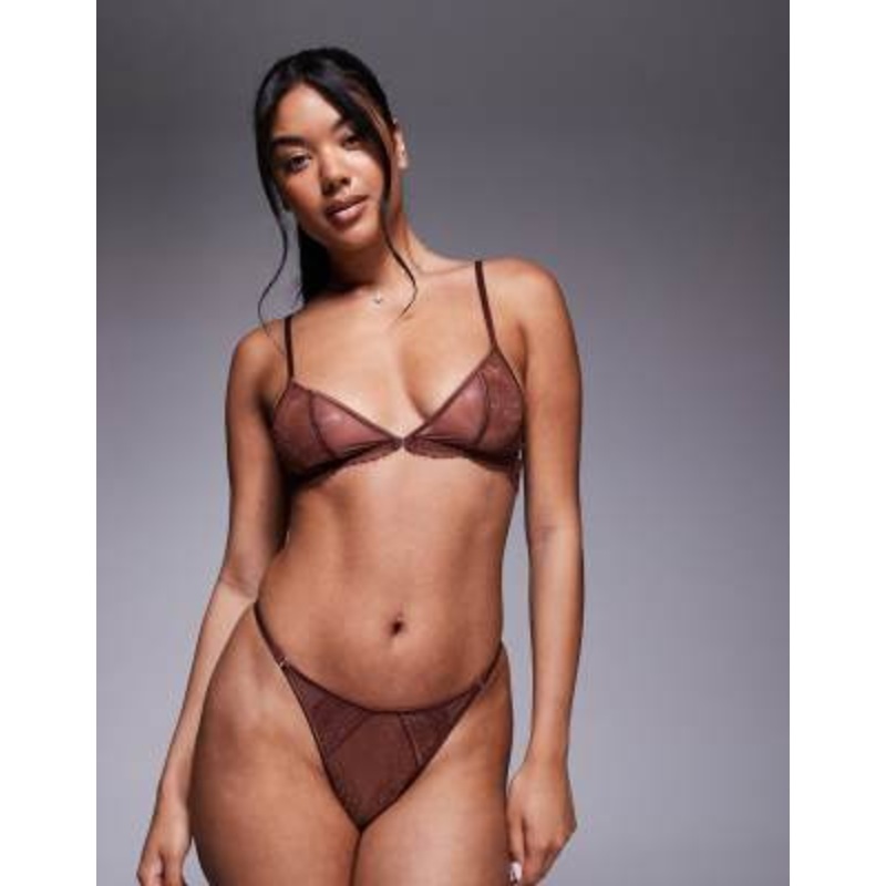 DESIGN Amber lace & mesh lingerie set in chocolate
