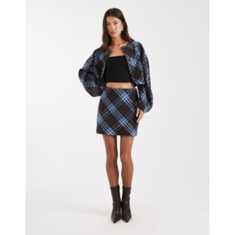 DESIGN cropped cocoon sleeve blazer in brushed brown & blue check – part of a set