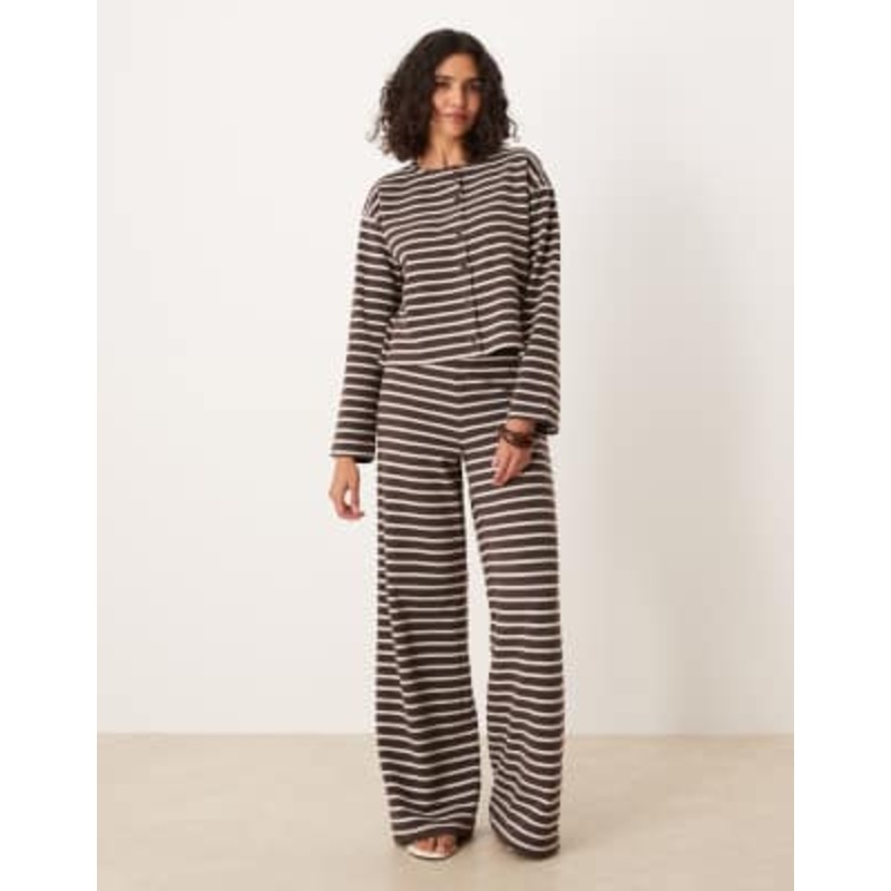 DESIGN brushed striped button up long sleeve top in chocolate – part of a set