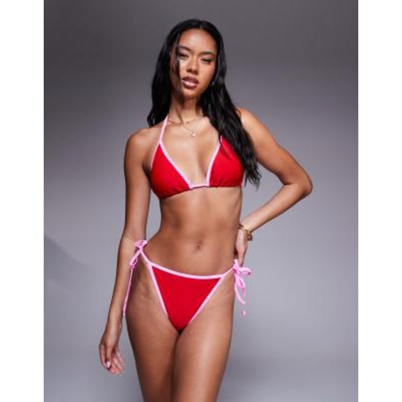The Frolic exclusive contrast binding triangle bikini top and bottoms set in red and pink