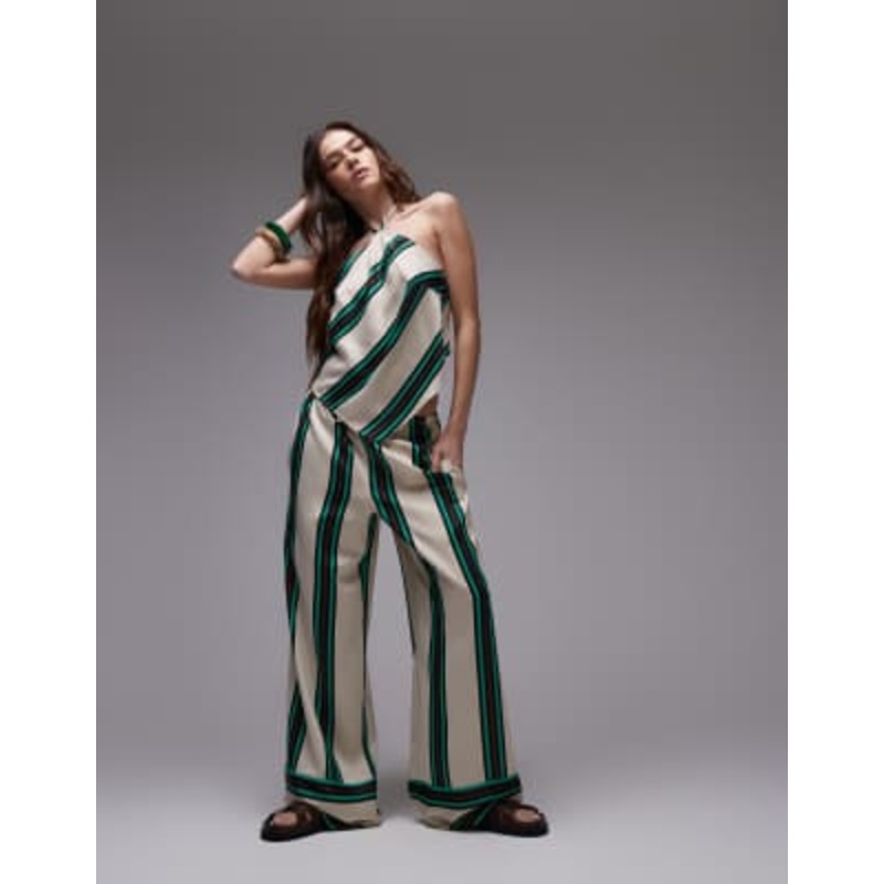 Topshop satin beige set with burgundy and teal stripe