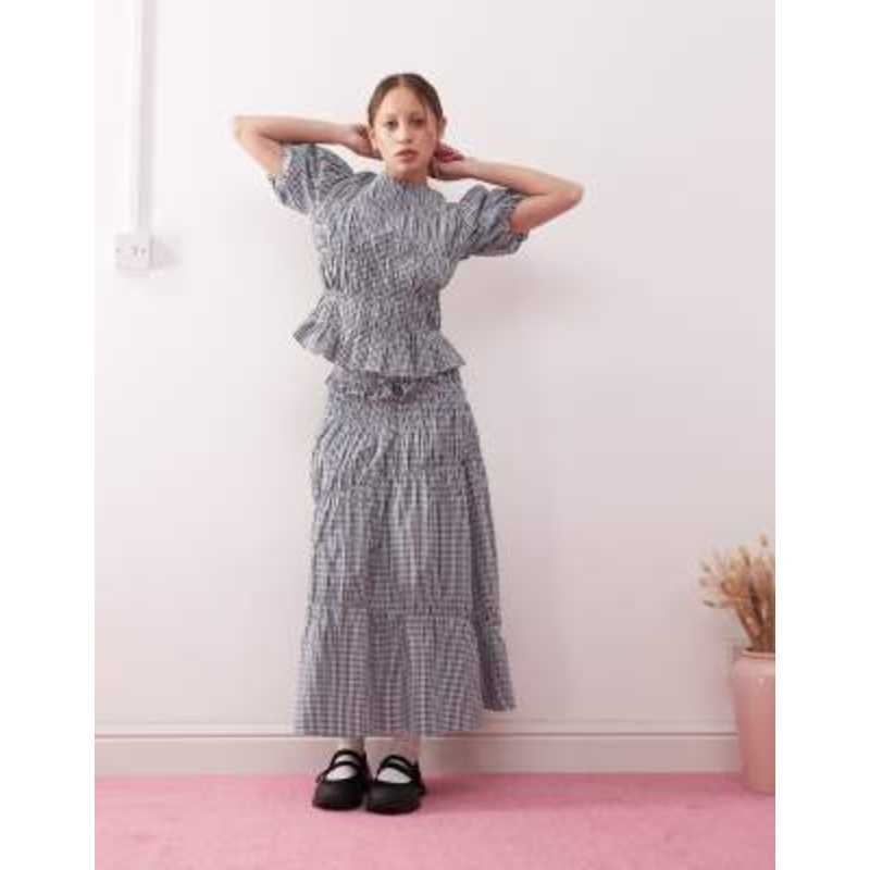 Reclaimed Vintage set with ruching detail in blue plaid