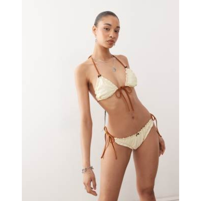 Reclaimed Vintage bikini set with ruffles in cream and brown