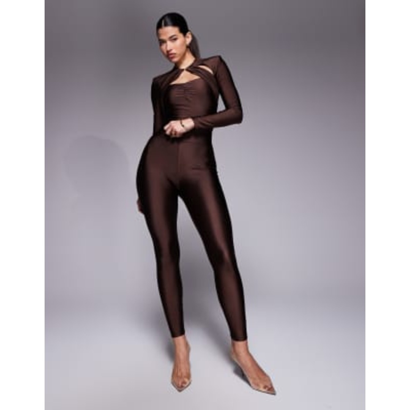 Ruched & Ready removable shoulder pad cut-out long sleeve sculpting high shine bodysuit and leggings set in chocolate