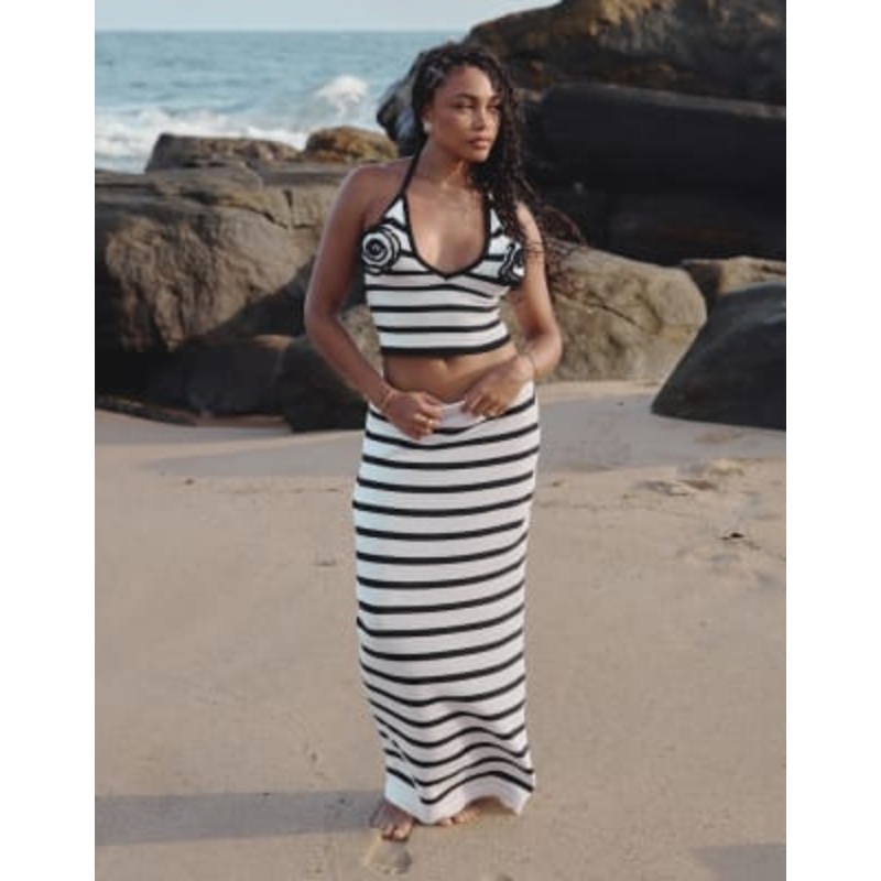 4th & Reckless x Loz Vassallo rico knit striped rose beach set in black and white