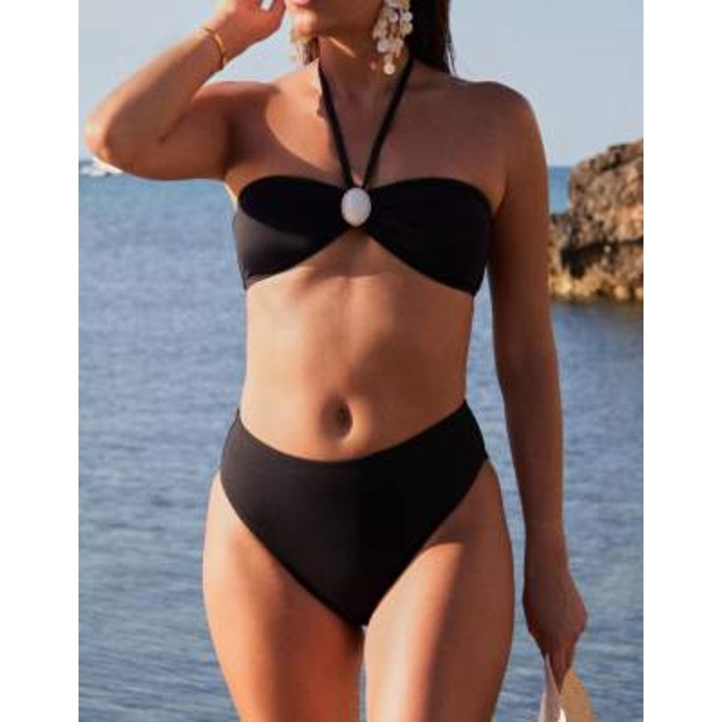 4th & Reckless x Luana Barron bead detail halterneck bikini top and bottoms set in black