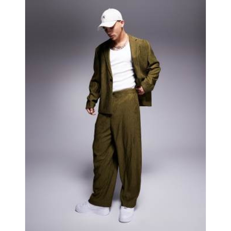 DESIGN boxy suit in olive crinkle texture