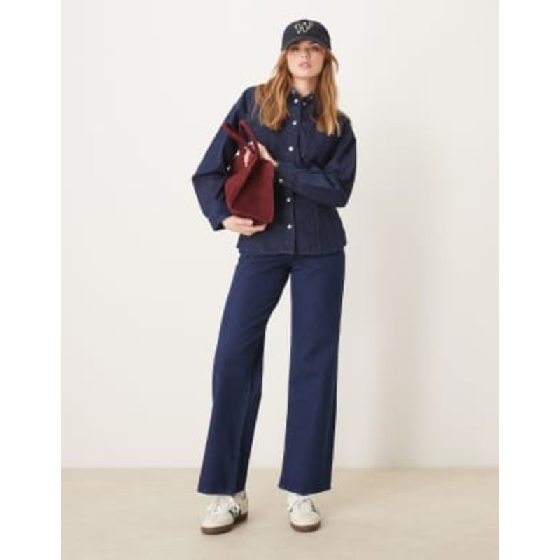 Vila cinched waist denim shirt and high waist wide leg jeans set in dark blue denim