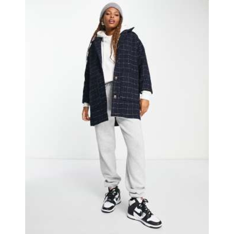 Monki collared coat with patch pockets in navy grid plaid