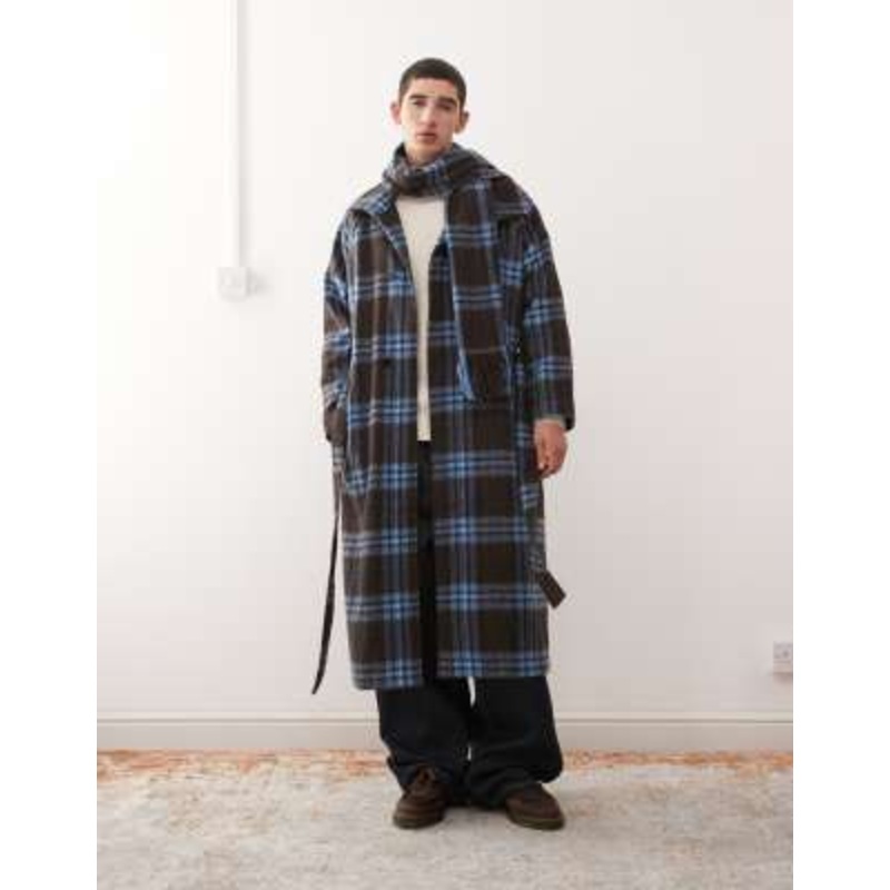 Reclaimed Vintage wool look maxi duster coat with funnel neck and matching scarf in blue and brown plaid