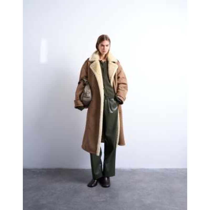 Topshop formal longline faux shearling coat in brown and cream