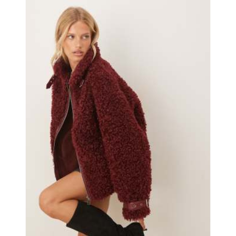Amy Lynn textured faux fur aviator coat in red