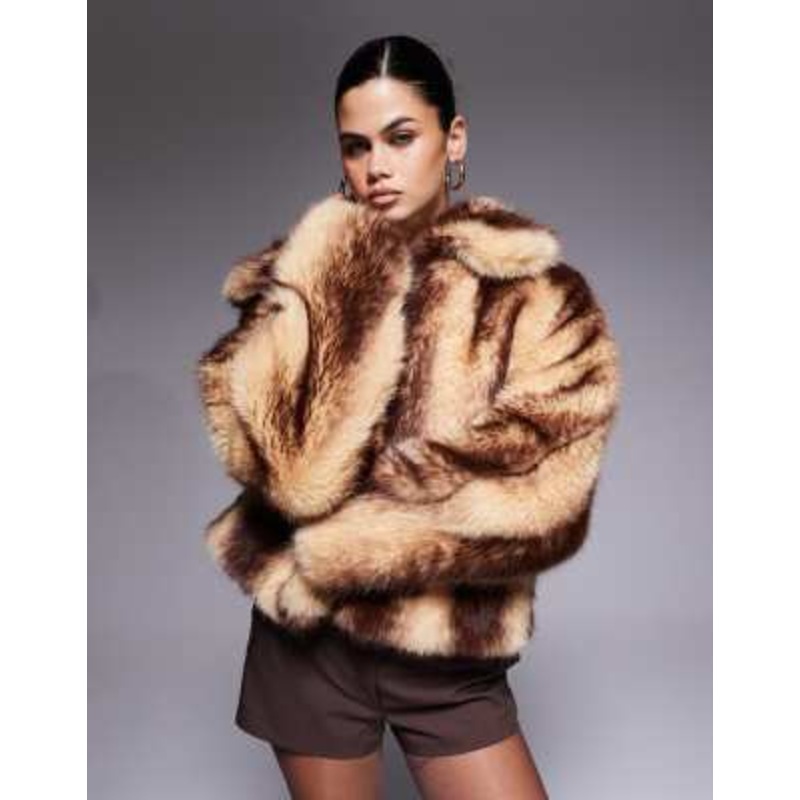 Aria Cove faux fur midi coat in cream and brown stripe