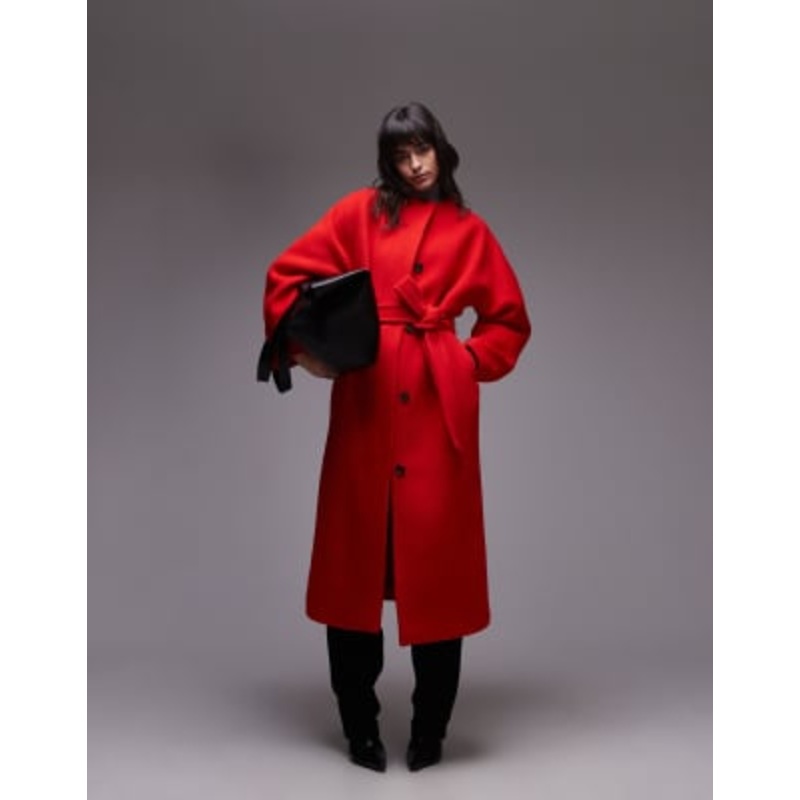 ARKET wool belted midaxi coat with sculptural sleeves in red
