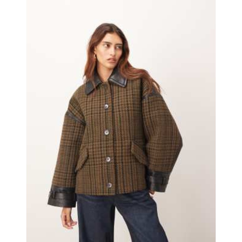 ARRANGE houndstooth brushed wool blend coat with leather detailing in brown