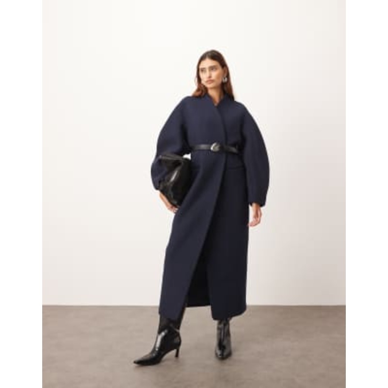 ARRANGE wool mix cinched waist ovoid sleeves coat in navy