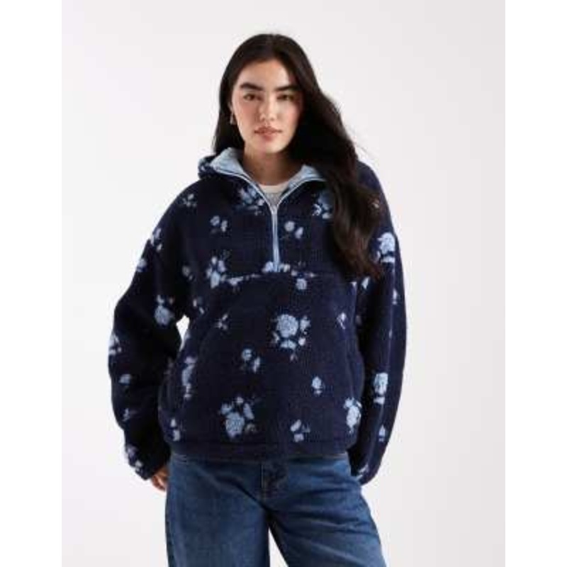 Daisy Street 3/4 zip up teddy coat in navy floral print