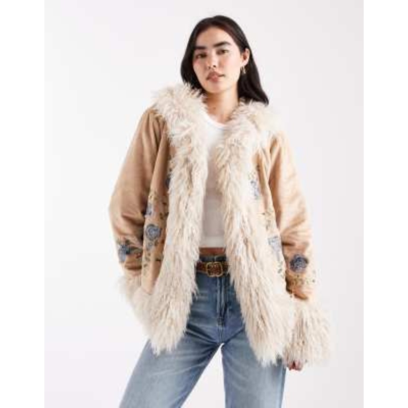 Daisy Street boho embroidered penny lane coat with faux fur trim in tan