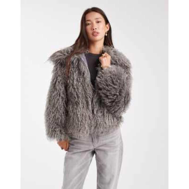 Daisy Street faux fur cocoon coat with ribbed cuff detailing in charcoal gray