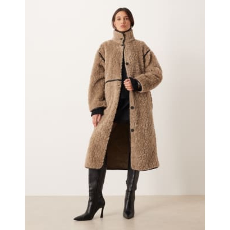 Gina Tricot faux fur bonded midi coat in dark beige
